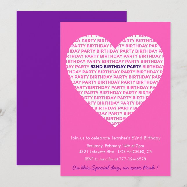 Girly 62nd birthday invitation Girl Heart Pink (Front/Back)