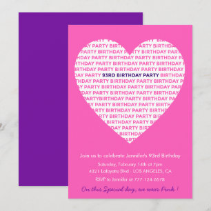 Girly 93rd birthday invitation Girl Heart Pink