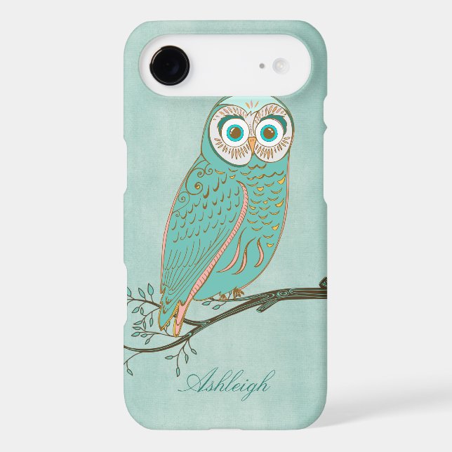 Girly Abstract Modern Teal Green Owl Monogram Case-Mate iPhone Case (Back)
