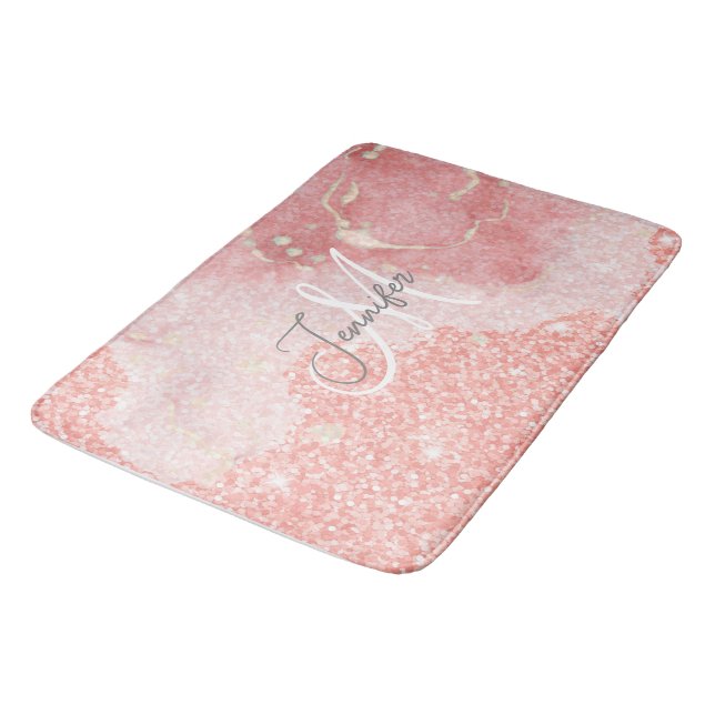 Girly Agate Pink Glitter Blush Monogram  Bath Mat (Angled)