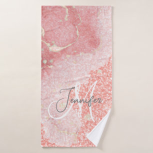 Girly Agate Pink Glitter Blush Monogram Bath Towel