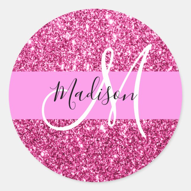 Girly and Glam Hot Pink Glitter Sparkles Monogram Classic Round Sticker (Front)