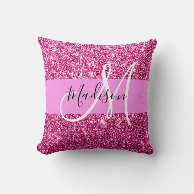 Girly and Glam Hot Pink Glitter Sparkles Monogram Cushion (Front)