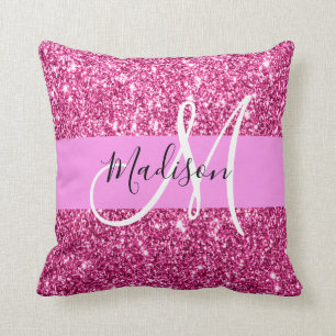 Girly and Glam Hot Pink Glitter Sparkles Monogram Cushion