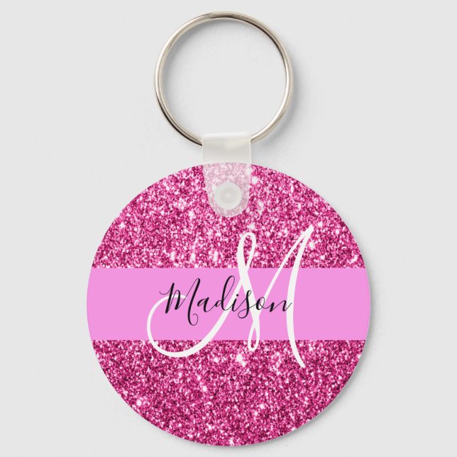 Girly and Glam Hot Pink Glitter Sparkles Monogram Key Ring (Front)