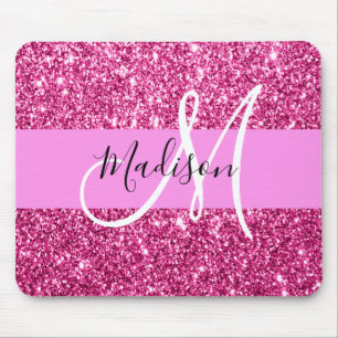 Girly and Glam Hot Pink Glitter Sparkles Monogram Mouse Pad