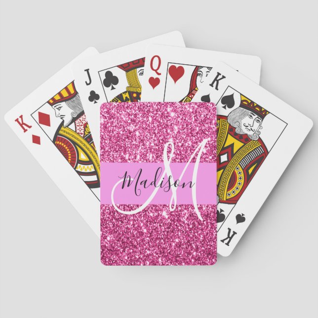 Girly and Glam Hot Pink Glitter Sparkles Monogram Playing Cards (Back)