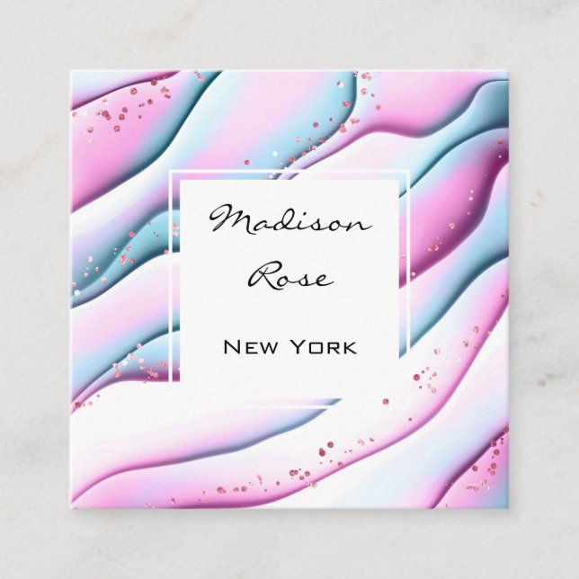 Girly and Trendy Pink Aqua White Ink and Sparkles  Square Business Card (Front)