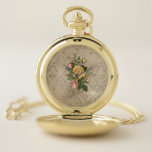 Girly Antique Gold Damask and Roses Pocket Watch<br><div class="desc">Lovely cluster of vintage pink roses on grungy gold coloured damask background with optional dotted hash marks.</div>