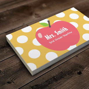 Girly Apple & Dots Yellow Teacher Business Card