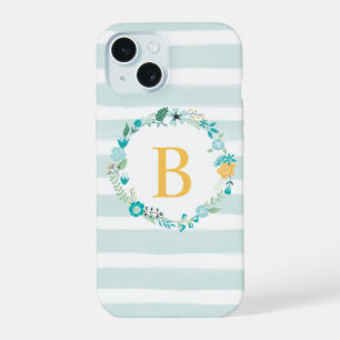 Girly Aqua and Yellow Floral Monogram iPhone 15 Case