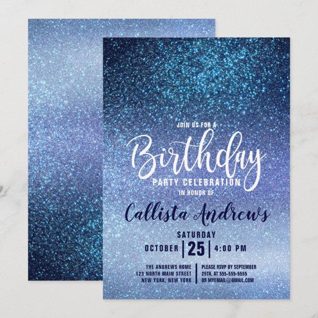 Girly Aqua Baby Blue Triple Glitter Ombre Birthday Invitation (Front/Back)
