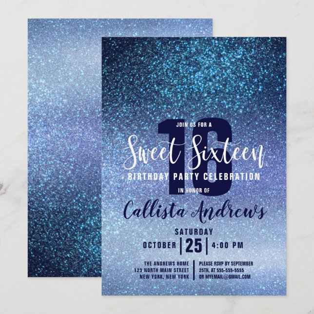Girly Aqua Baby Blue Triple Glitter Ombre Sweet 16 Invitation (Front/Back)