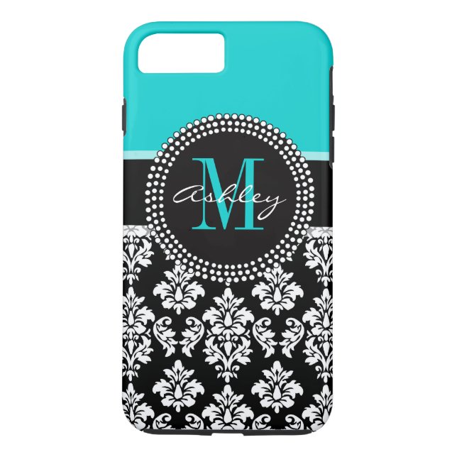 Girly Aqua Black Damask Your Monogram Name Case-Mate iPhone Case (Back)