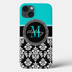 Girly Aqua Black Damask Your Monogram Name iPhone 13 Case