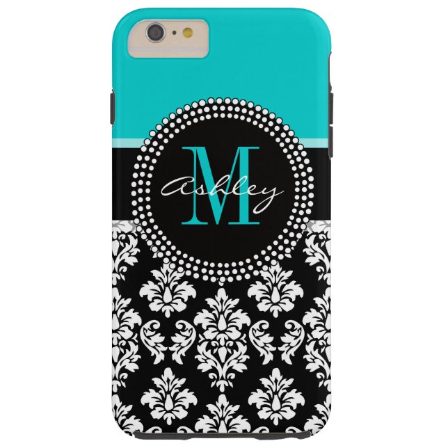 Girly Aqua Black Damask Your Monogram Name Case-Mate iPhone Case (Back)