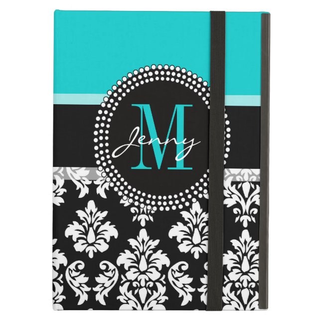 Girly Aqua Black Damask Your Monogram Name Cover For iPad Air (Front Closed)