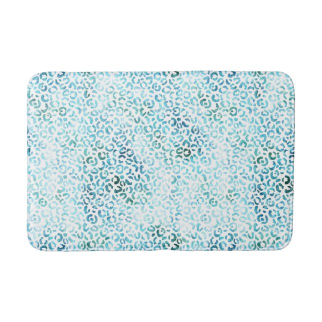 Girly Aqua Blue Glam Leopard Print Bath Mat (Front)