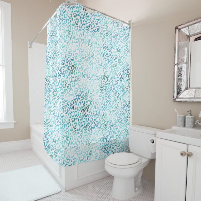 Girly Aqua Blue Glam Leopard Print Shower Curtain (In Situ)