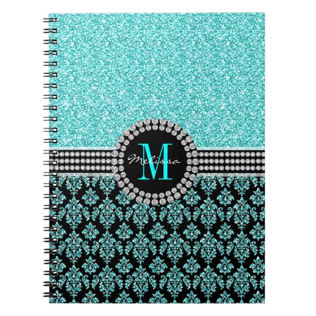Girly Aqua Blue Glitter Monogram Damask Name Notebook (Front)