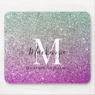 Girly Aqua Blue Pink Ombre Glitter Monogram Name   Mouse Pad