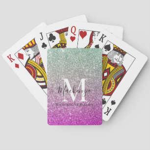 Girly Aqua Blue Pink Ombre Glitter Monogram Name  Playing Cards