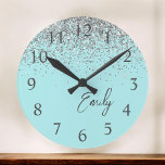 Girly Aqua Blue Silver Glitter Monogram<br><div class="desc">Girly Aqua Blue and Silver Sparkle Glitter Brushed Script Monogram Name Clock. This makes the perfect sweet 16 birthday,  wedding,  bridal shower,  anniversary,  baby shower or bachelorette party gift for someone that loves glam luxury and chic styles.</div>
