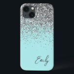 Girly Aqua Blue Silver Glitter Monogram iPhone 13 Case<br><div class="desc">Girly Aqua Blue - Silver Faux Sparkle and Dripping Glitter Brushed Metal Monogram Name and Initial Phone. This makes the perfect sweet 16 birthday,  wedding,  bridal shower,  anniversary,  baby shower or bachelorette party gift for someone that loves glam luxury and chic styles.</div>