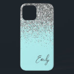 Girly Aqua Blue Silver Glitter Monogram iPhone 12 Case<br><div class="desc">Girly Aqua Blue - Silver Faux Sparkle and Dripping Glitter Brushed Metal Monogram Name and Initial Phone. This makes the perfect sweet 16 birthday,  wedding,  bridal shower,  anniversary,  baby shower or bachelorette party gift for someone that loves glam luxury and chic styles.</div>