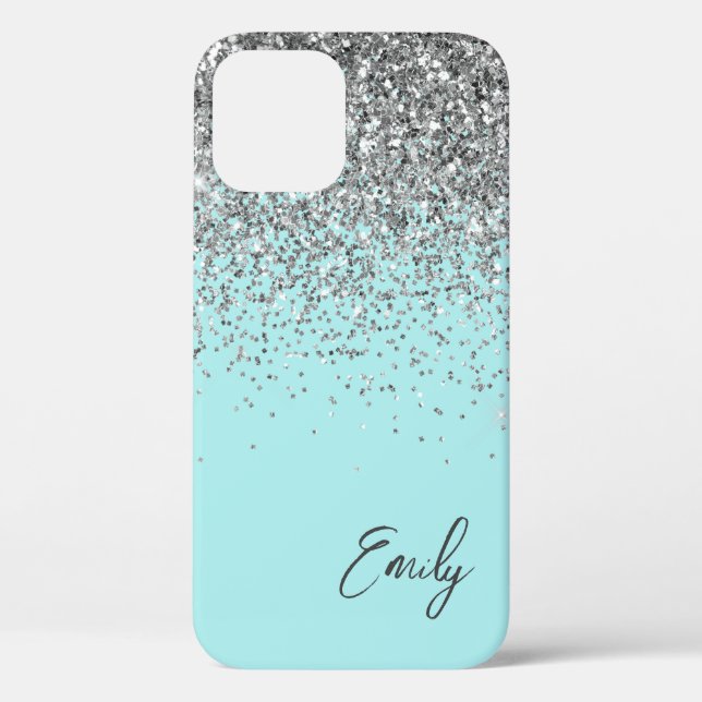 Girly Aqua Blue Silver Glitter Monogram Case-Mate iPhone Case (Back)