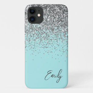 Girly Aqua Blue Silver Glitter Monogram Case-Mate iPhone Case