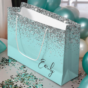 Girly Aqua Blue Silver Glitter Monogram Large Gift Bag