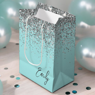 Girly Aqua Blue Silver Glitter Monogram Medium Gift Bag