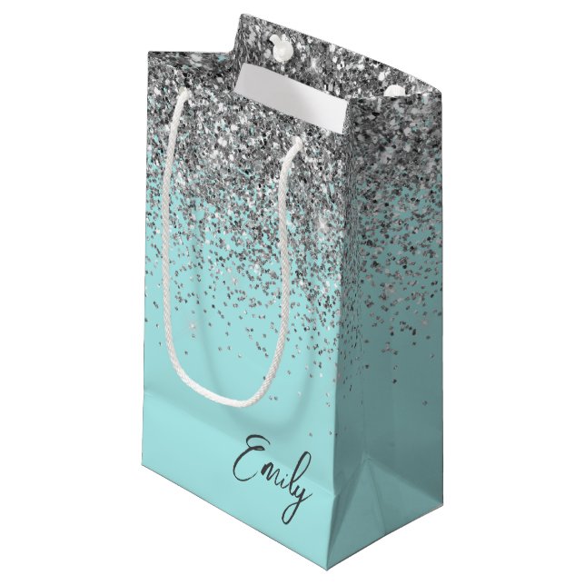 Girly Aqua Blue Silver Glitter Monogram Small Gift Bag (Front Angled)