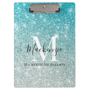 Girly Aqua Blue Silver Ombre Glitter Monogram Name Clipboard