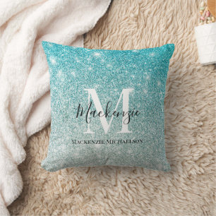 Girly Aqua Blue Silver Ombre Glitter Monogram Name Cushion