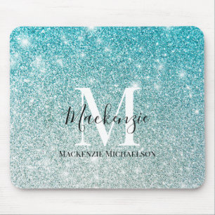 Girly Aqua Blue Silver Ombre Glitter Monogram Name Mouse Pad