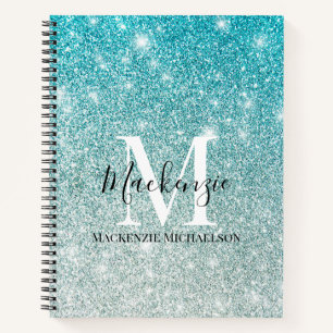 Girly Aqua Blue Silver Ombre Glitter Monogram Name Notebook