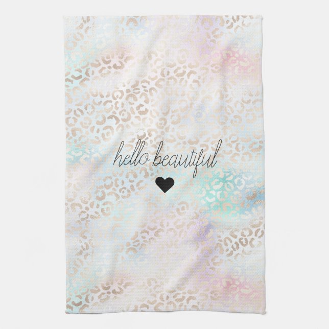 Girly Aqua Blush Pink Gold Leopard Print Tea Towel (Vertical)