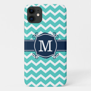 Girly Aqua Chevron Navy Custom Monogram Case-Mate iPhone Case