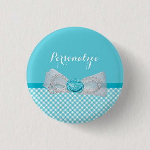 Girly Aqua Gingham Cute Pearls Rose Bow With Name 3 Cm Round Badge
