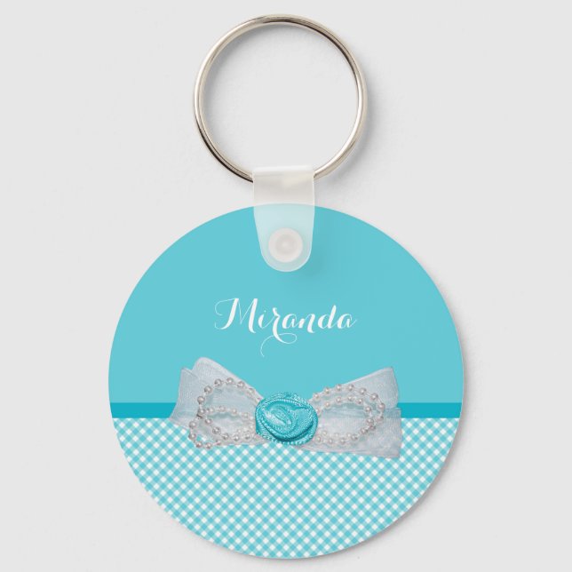Girly Aqua Gingham Cute Pearls Rose Bow With Name Key Ring (Front)