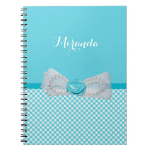 Girly Aqua Gingham Cute Pearls Rose Bow With Name Spiral Notebook