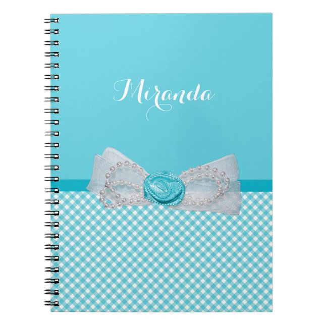 Girly Aqua Gingham Cute Pearls Rose Bow With Name Spiral Notebook (Front)