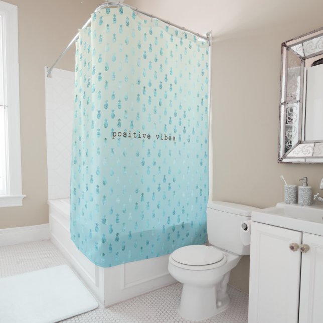 Girly Aqua Glam Tropical Pineapples Ombre Shower Curtain (In Situ)
