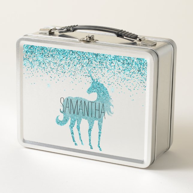 Girly Aqua Glitter Unicorn Metal Lunch Box (Front)