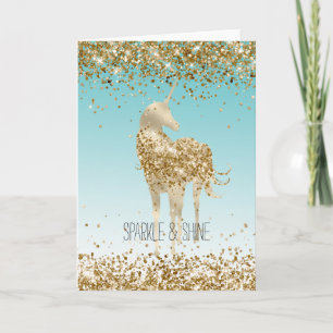 Girly Aqua Gold Confetti Glitter Unicorn Card