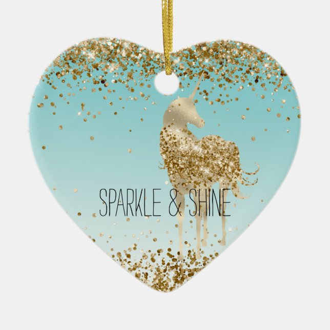 Girly Aqua Gold Confetti Glitter Unicorn Ceramic Tree Decoration (Front)