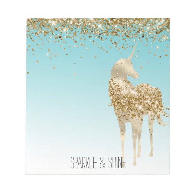Girly Aqua Gold Confetti Glitter Unicorn Notepad (Front)