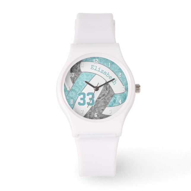 girly aqua grey custom sports volleyball watch (Front)